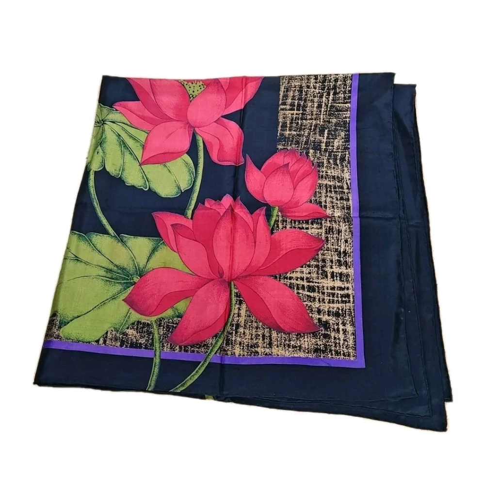 VTG Handmade Thailand Silk Scarf Black Red Lotus Artsy Boho Cottage Granny 34
